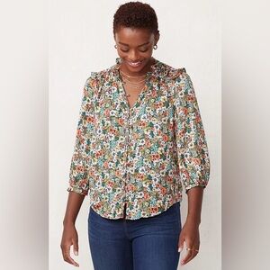 LC Lauren Conrad Floral Button Front Ruffle 3/4 Sleeve Blouse